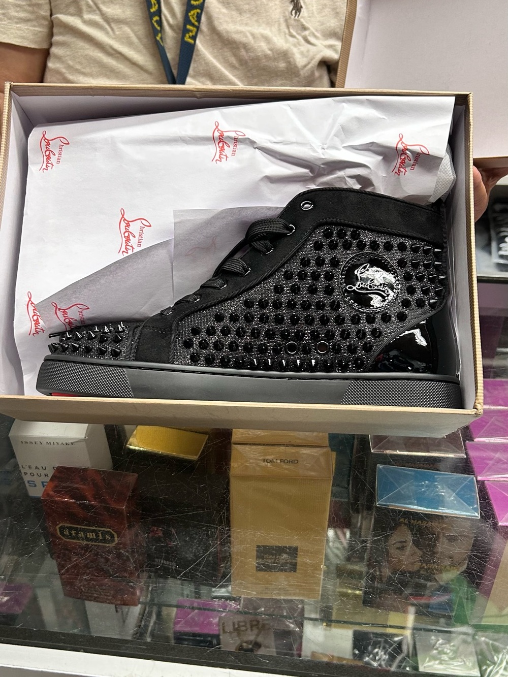 Christian Louboutin Black Studded Men’s High-Top Sneaker with Patent Accents